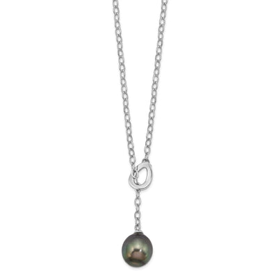 Sterling Silver Rhodium-plated Black Teardrop Tahitian Saltwater Cultured Pearl Slide Necklace