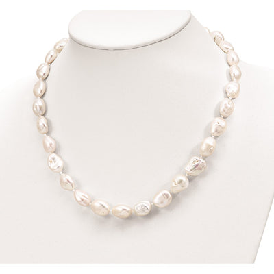 Sterling Silver Rhodium-plated White Keshi Freshwater Cultured Pearl Necklace