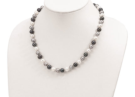 Sterling Silver Rhodium-plated 8- Black, Green and White Semi-Round Freshwater Cultured Pearl Bracelet