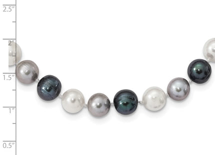 Sterling Silver Rhodium-plated 8- Black, Green and White Semi-Round Freshwater Cultured Pearl Bracelet