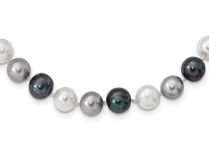 Sterling Silver Rhodium-plated 8- Black, Green and White Semi-Round Freshwater Cultured Pearl Bracelet