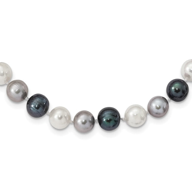Sterling Silver Rhodium-plated 8- Black, Green and White Semi-Round Freshwater Cultured Pearl Bracelet