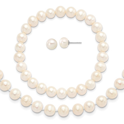 Sterling Silver Rhodium-plated White Near-Round Freshwater Cultured Pearl Necklace, Stretch Bracelet and Button Post Earrings Set