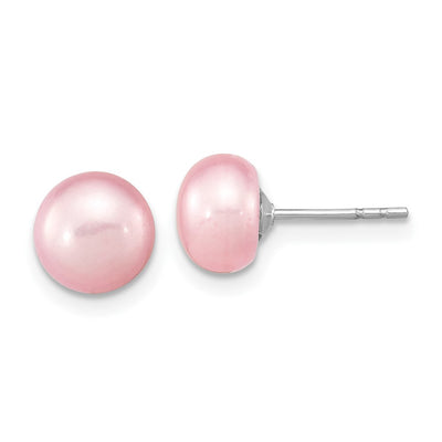 Sterling Silver Rhodium-plated Pink Near-Round Freshwater Cultured Pearl Necklace, Stretch Bracelet and Button Post Earrings Set