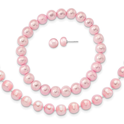 Sterling Silver Rhodium-plated Pink Near-Round Freshwater Cultured Pearl Necklace, Stretch Bracelet and Button Post Earrings Set