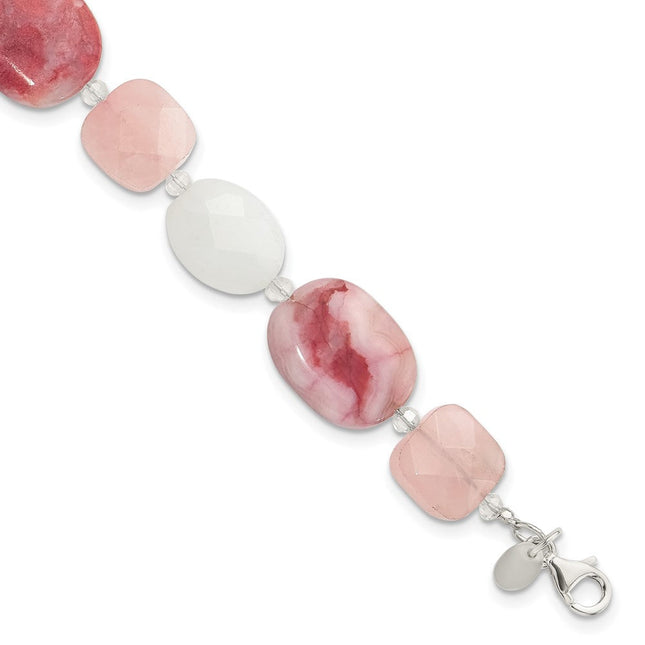 Sterling Silver Pink Agate/Quartz, Jade, Crystal w/1in ext Necklace