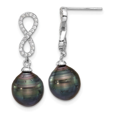 Sterling Silver Rhodium-plated Black Teardrop Tahitian Saltwater Cultured Pearl and CZ Infinity Necklace and Post Dangle Earrings Set