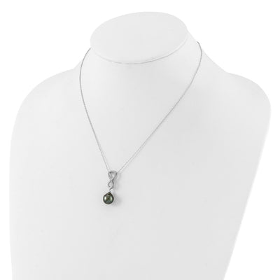 Sterling Silver Rhodium-plated Black Teardrop Tahitian Saltwater Cultured Pearl and CZ Infinity Necklace and Post Dangle Earrings Set