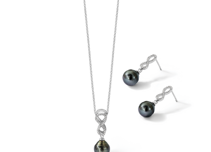 Sterling Silver Rhodium-plated 9- Black Teardrop Tahitian Saltwater Cultured Pearl and CZ Infinity 16. Necklace and Post