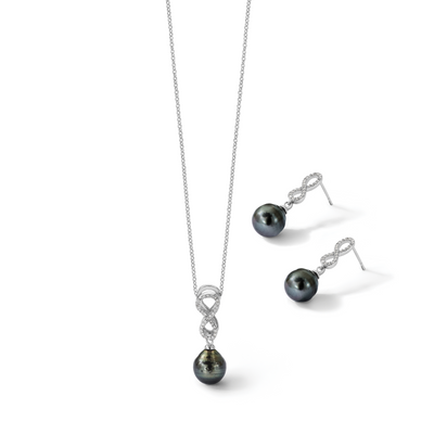 Sterling Silver Rhodium-plated Black Teardrop Tahitian Saltwater Cultured Pearl and CZ Infinity Necklace and Post Dangle Earrings Set