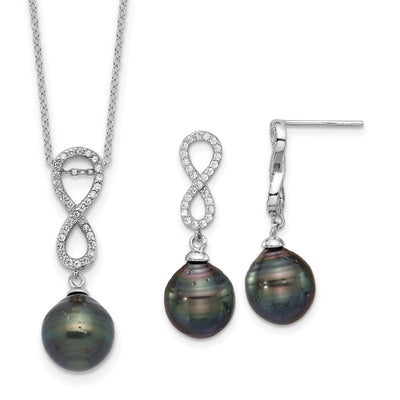 Sterling Silver Rhodium-plated Black Teardrop Tahitian Saltwater Cultured Pearl and CZ Infinity Necklace and Post Dangle Earrings Set