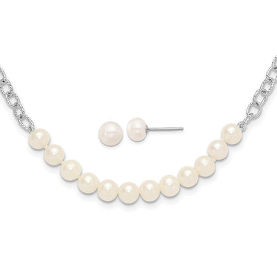 Sterling Silver Rhodium-plated White Near-Round Freshwater Cultured Pearl Necklace and Post Earrings Set
