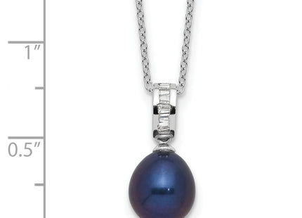 Sterling Silver Rhodium-plated 8- Black Teardrop Freshwater Cultured Pearl and CZ Necklace (Style QH5784-17)