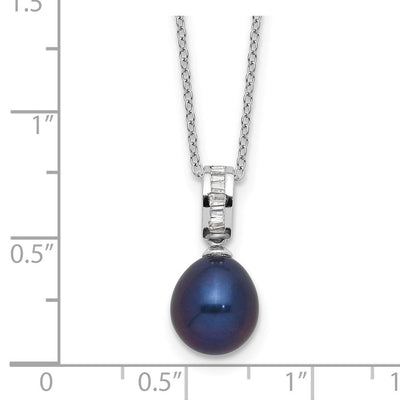 Sterling Silver Rhodium-plated Black Teardrop Freshwater Cultured Pearl and CZ Necklace, 17 x 1.2mm