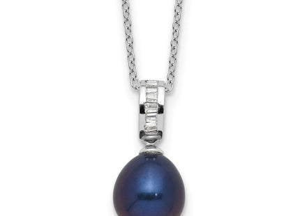 Sterling Silver Rhodium-plated 8- Black Teardrop Freshwater Cultured Pearl and CZ Necklace (Style QH5784-17)