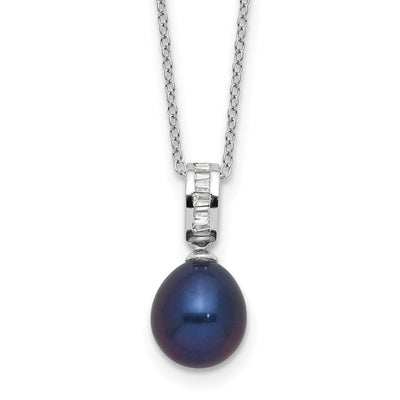 Sterling Silver Rhodium-plated Black Teardrop Freshwater Cultured Pearl and CZ Necklace, 17 x 1.2mm