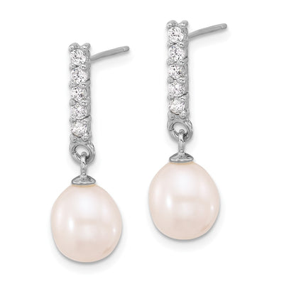 Sterling Silver Rhodium-plated Teardrop Freshwater Cultured Pearl and CZ Necklace and Post Earrings Set