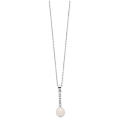 Sterling Silver Rhodium-plated Teardrop Freshwater Cultured Pearl and CZ Necklace and Post Earrings Set