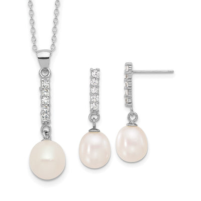 Sterling Silver Rhodium-plated Teardrop Freshwater Cultured Pearl and CZ Necklace and Post Earrings Set