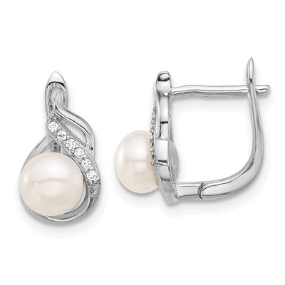 Sterling Silver Rhodium-plated White Button Freshwater Cultured Pearl and CZ Necklace and Leverback Earrings Set