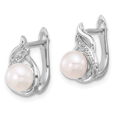 Sterling Silver Rhodium-plated White Button Freshwater Cultured Pearl and CZ Necklace and Leverback Earrings Set