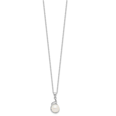 Sterling Silver Rhodium-plated White Button Freshwater Cultured Pearl and CZ Necklace and Leverback Earrings Set