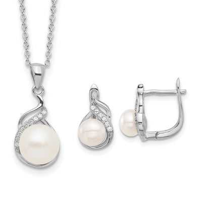 Sterling Silver Rhodium-plated White Button Freshwater Cultured Pearl and CZ Necklace and Leverback Earrings Set