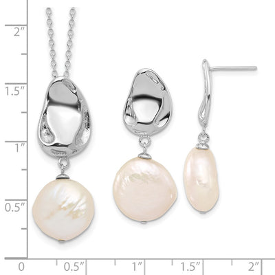 Sterling Silver Rhodium-plated White Coin Freshwater Cultured Pearl Necklace and Post Dangle Earrings Set