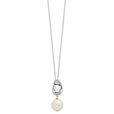Sterling Silver Rhodium-plated White Coin Freshwater Cultured Pearl Necklace and Post Dangle Earrings Set