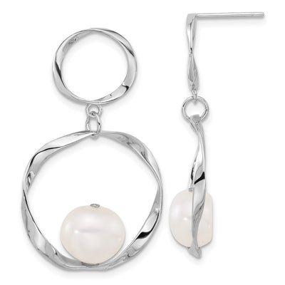 Sterling Silver Rhodium-plated White Button Freshwater Cultured Pearl with Necklace and Post Dangle Earrings Set