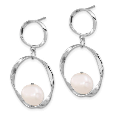 Sterling Silver Rhodium-plated White Button Freshwater Cultured Pearl with Necklace and Post Dangle Earrings Set