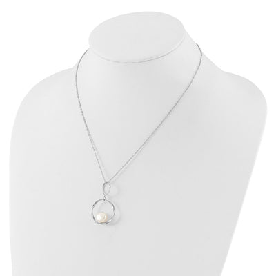 Sterling Silver Rhodium-plated White Button Freshwater Cultured Pearl with Necklace and Post Dangle Earrings Set