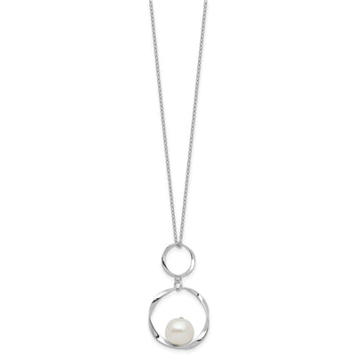 Sterling Silver Rhodium-plated White Button Freshwater Cultured Pearl with Necklace and Post Dangle Earrings Set