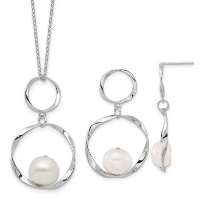 Sterling Silver Rhodium-plated White Button Freshwater Cultured Pearl with Necklace and Post Dangle Earrings Set