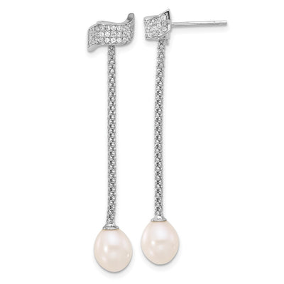 Sterling Silver Rhodium-plated White Teardrop Freshwater Cultured Pearl and CZ with Extension Necklace and Post Dangle Earrings Set