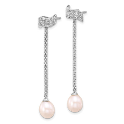 Sterling Silver Rhodium-plated White Teardrop Freshwater Cultured Pearl and CZ with Extension Necklace and Post Dangle Earrings Set