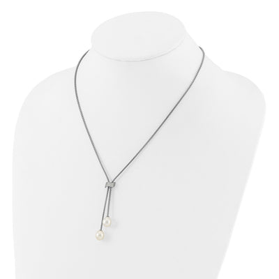 Sterling Silver Rhodium-plated White Teardrop Freshwater Cultured Pearl and CZ with Extension Necklace and Post Dangle Earrings Set