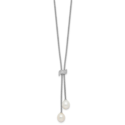 Sterling Silver Rhodium-plated White Teardrop Freshwater Cultured Pearl and CZ with Extension Necklace and Post Dangle Earrings Set