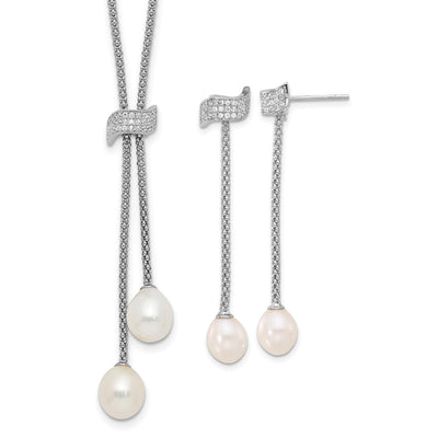 Sterling Silver Rhodium-plated White Teardrop Freshwater Cultured Pearl and CZ with Extension Necklace and Post Dangle Earrings Set