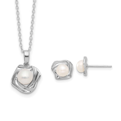 Sterling Silver Rhodium-plated White Button Freshwater Cultured Pearl Necklace and Post Earrings Set