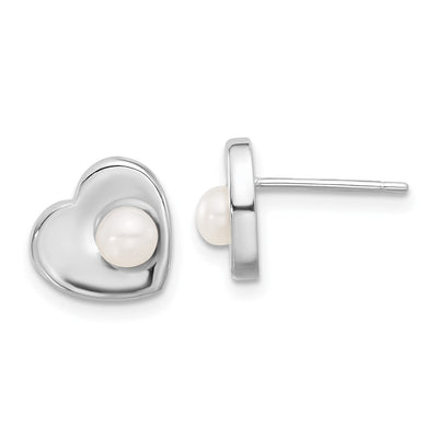 Sterling Silver Rhodium-plated White Button Freshwater Cultured Pearl Heart Necklace and Post Earrings Set