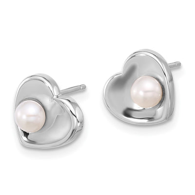 Sterling Silver Rhodium-plated White Button Freshwater Cultured Pearl Heart Necklace and Post Earrings Set