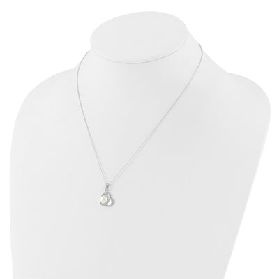 Sterling Silver Rhodium-plated White Button Freshwater Cultured Pearl Heart Necklace and Post Earrings Set