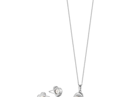Sterling Silver Rhodium-plated 4- White Button Freshwater Cultured Pearl 17. Heart Necklace and Post Earrings Set