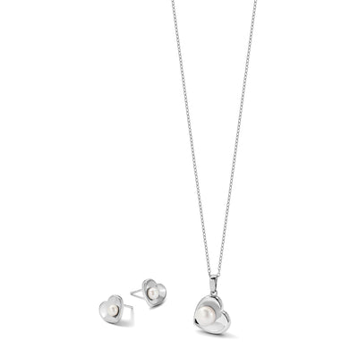 Sterling Silver Rhodium-plated White Button Freshwater Cultured Pearl Heart Necklace and Post Earrings Set