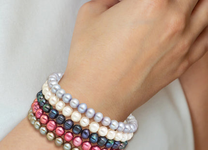 7- Semi-Round Grey/White/Black/Red/Green Freshwater Cultured Pearl Stretch 5-Bracelet Set