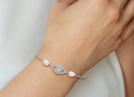 Sterling Silver Rhodium-plated 6- Teardrop White Freshwater Cultured Pearl and CZ Evil Eye with Extender Bracelet