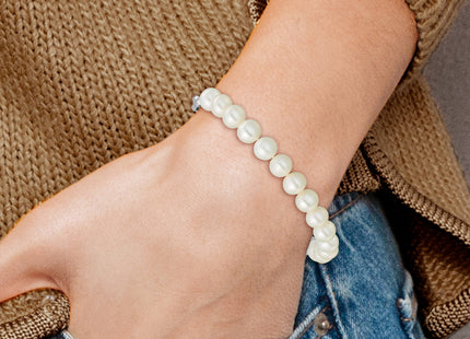 Sterling Silver Rhodium-plated 7- Round White Freshwater Cultured Pearl and Link Bracelet