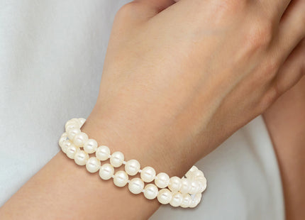 Sterling Silver Rhodium-plated 6- Round White Freshwater Cultured Pearl 2-Strand Bracelet