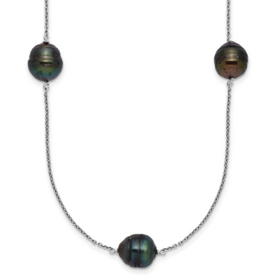 Sterling Silver Rhodium-plated Baroque Black Tahitian Saltwater Cultured Pearl 3-Station, 18 x 9.6mm
